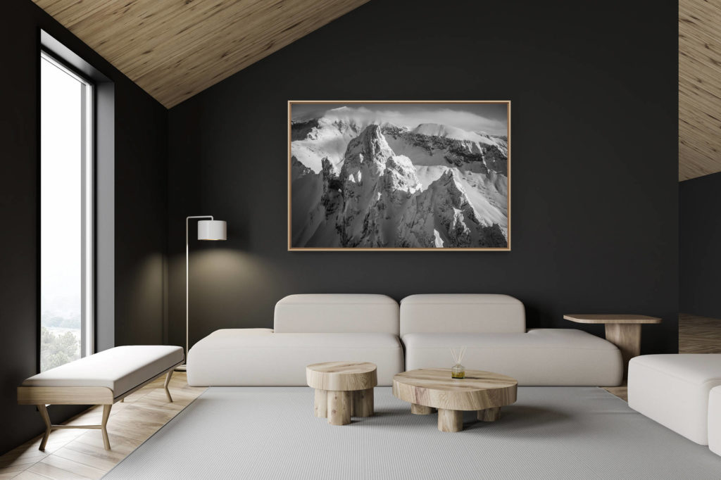 décoration chalet suisse - intérieur chalet suisse - photo montagne grand format - Portrait des Tschingelhörner de Flims - Vue sur les sommets caractéristiques des Tschingelhörner au dessus de Flims après une tempète de neige - Photo noir et blanc des Tschingelhörner de Flims