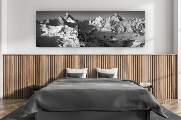 wall decoration adult room modern - interior swiss chalet - photo mountains large size swiss alps - Val d&#039;Anniviers - panoramic photo of swiss mountains rocky in the Alps black and white