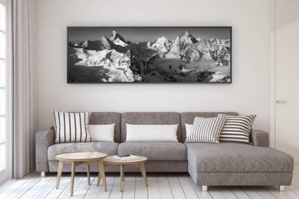 décoration murale design salon moderne - photo montagne grand format - Val d'Anniviers - photo panoramique des montagnes Suisses rocheuse dans les Alpes noir et blanc