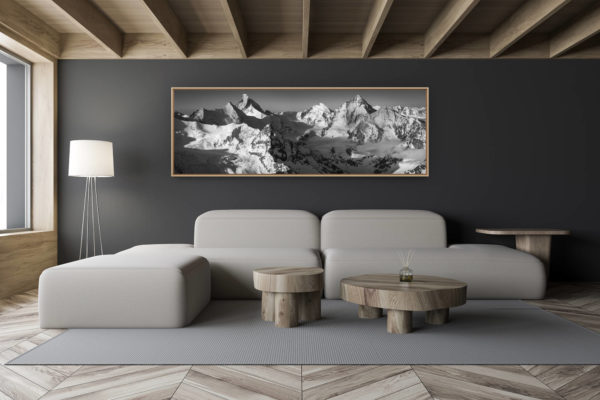 décoration salon chalet moderne - intérieur petit chalet suisse - photo montagne noir et blanc grand format - Val d'Anniviers - photo panoramique des montagnes Suisses rocheuse dans les Alpes noir et blanc