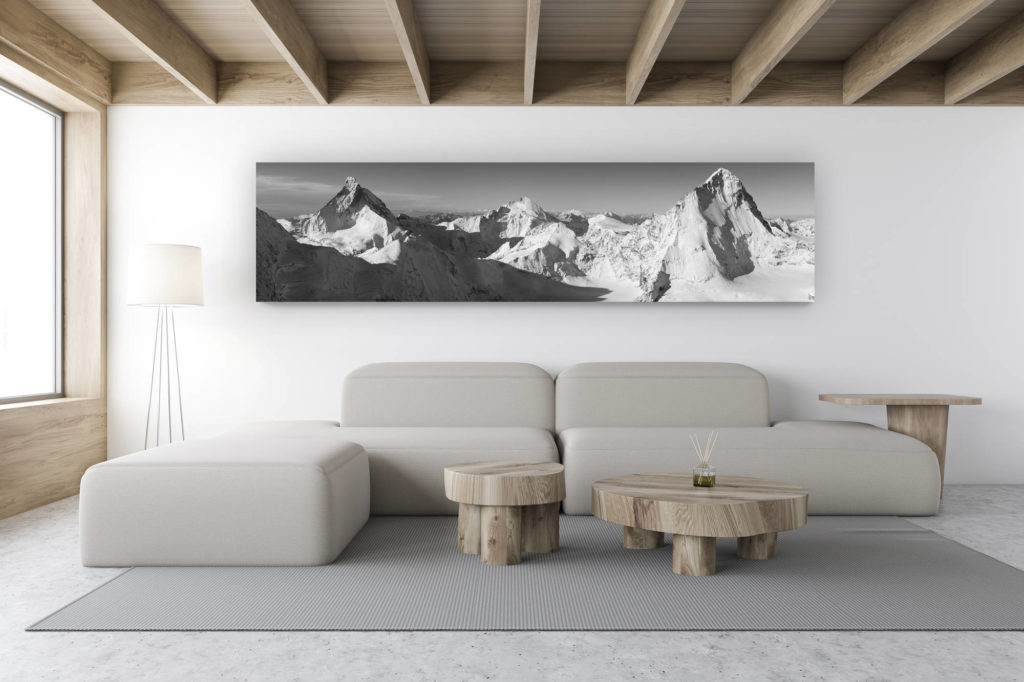 décoration intérieur chalet de montagne suisse - photo de montagne noir et blanc - Val d'Anniviers Suisse - photo panoramique montagne noir et blanc