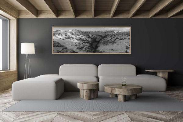 décoration salon chalet moderne - intérieur petit chalet suisse - photo montagne noir et blanc grand format - Panorama noir et blanc des Alpes du Nord et des montagnes suisses de saas fee