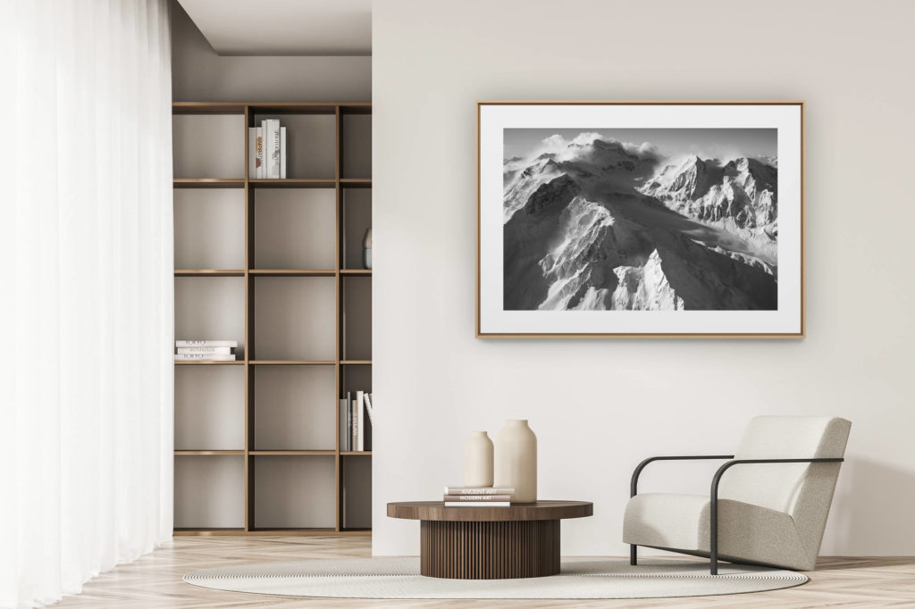 déco tendance salon moderne - photo montagne noir et blanc grand format - Vallée des Combins - image lever de soleil montagne et paysage montagne noir et blanc - massif montagne des Alpes Suisses