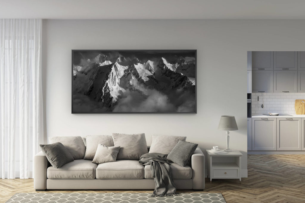 déco salon rénové - tendance photo montagne grand format - panorama montagne alpes noir et blanc - Versant Sud massif mont blanc