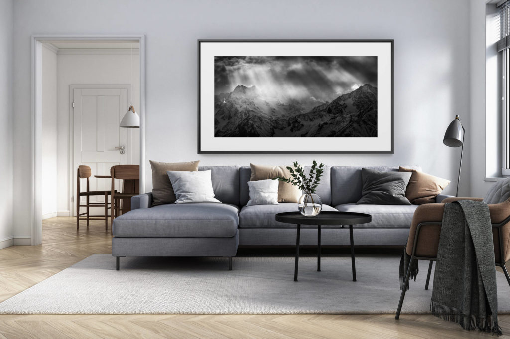 Innendekoration renoviertes Wohnzimmer Schweiz - Alpenpanorama Grossformat - Bergfoto von Val de bagnes Schweiz