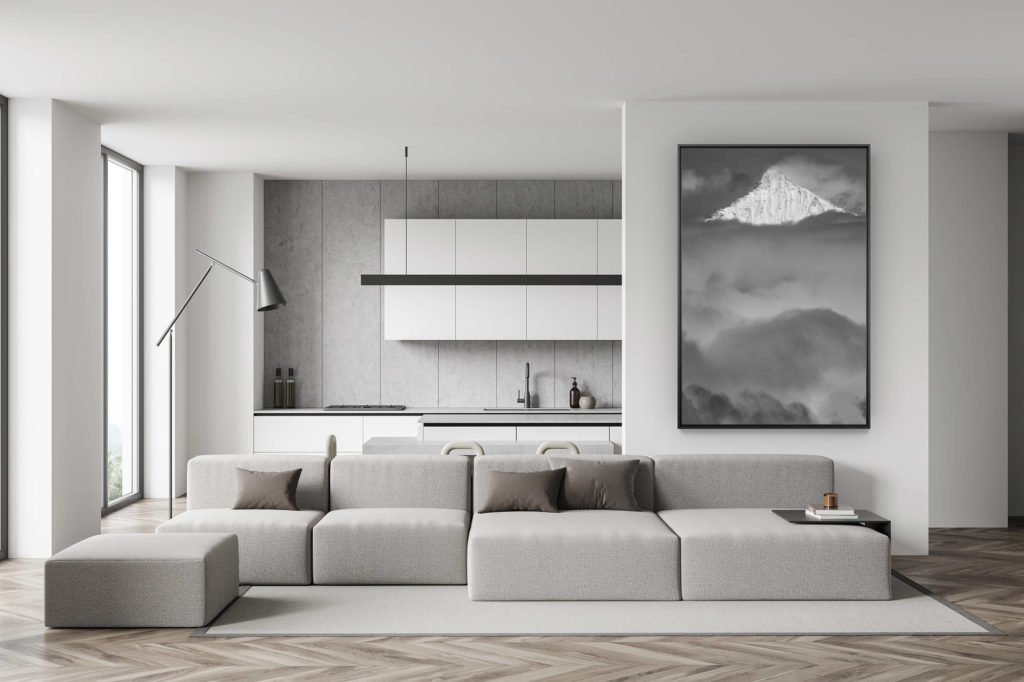 Wanddekoration Wohnzimmer Schweiz - Foto Berg schwarz und weiss - trendige Esszimmerdekoration - Zermatt Tal - Wallis Schweiz - Weisshorn