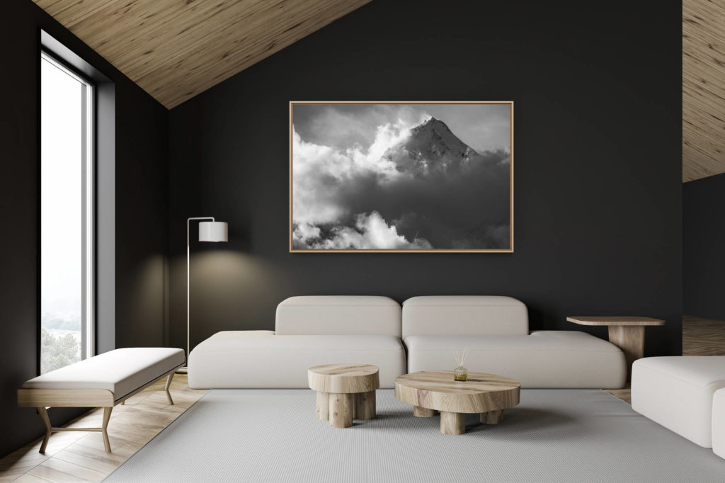 swiss chalet decoration - swiss chalet interior - large mountain picture - Weisshorn - summit rocky mountain in the Swiss Alps of the Zermatt valley in a sea of clouds
