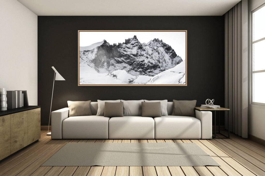 deko wohnzimmer renovierte berghütte - großformatiges bergfoto - - foto weisshorn berg schnee