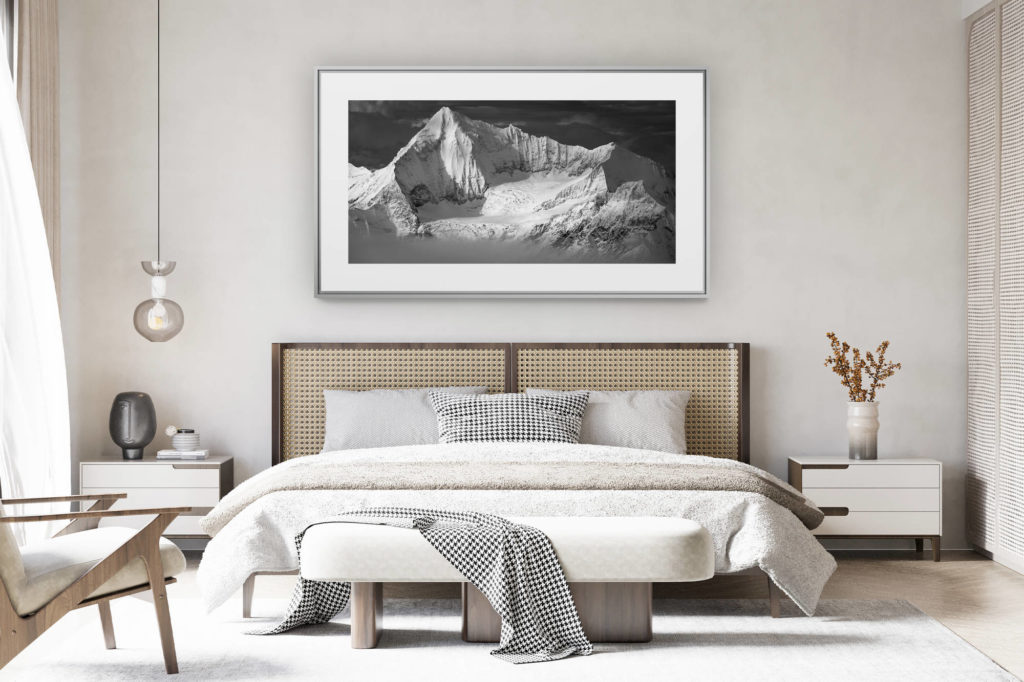 decorating a room in a renovated swiss chalet - panoramic mountain picture large size - Weisshorn - Panorama of the snowy mountains of the North ridge - Grand Gendarme - Voie Normale - the Schaligrat.