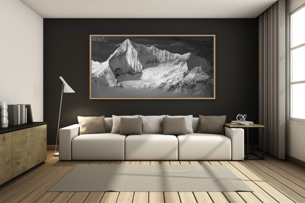 living room decoration renovated mountain chalet - large size mountain picture - - Weisshorn - Panorama of the snowy mountains of the North ridge - Grand Gendarme - Voie Normale - la Schaligrat.