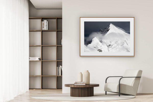 déco tendance salon moderne - photo montagne noir et blanc grand format - Weisshorn - Schaligrat - Schalihorn - massif montagneux photos montagnes enneigees en Suisses
