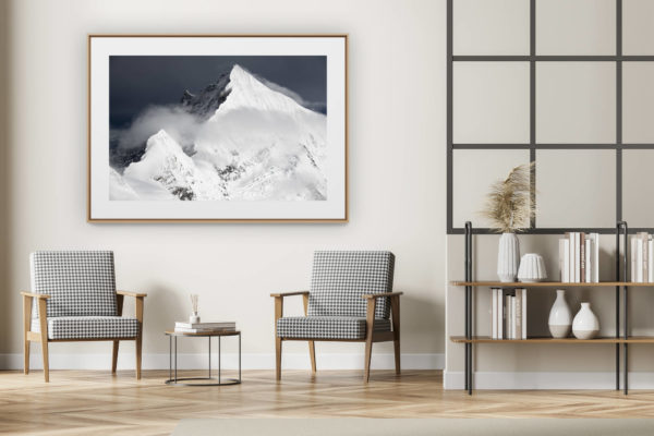 décoration intérieur moderne avec photo de montagne noir et blanc grand format - Weisshorn - Schaligrat - Schalihorn - massif montagneux photos montagnes enneigees en Suisses