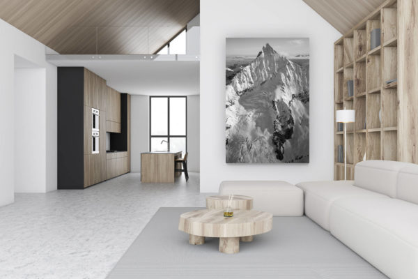 luxury swiss chalet decoration - large vertical mountain picture - design wall decoration - The Valaisan Alps and the Weisshorn - Swiss Alps in black and white