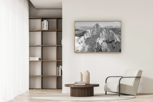 modern apartment decoration - art deco design - bernese alps panorama - black and white picture of mountain in the brown