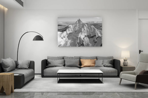 décoration salon contemporain suisse - cadeau amoureux de montagne suisse - Alpes Bernoises panorama - tableau photo noir et blanc de montagne dans la brune