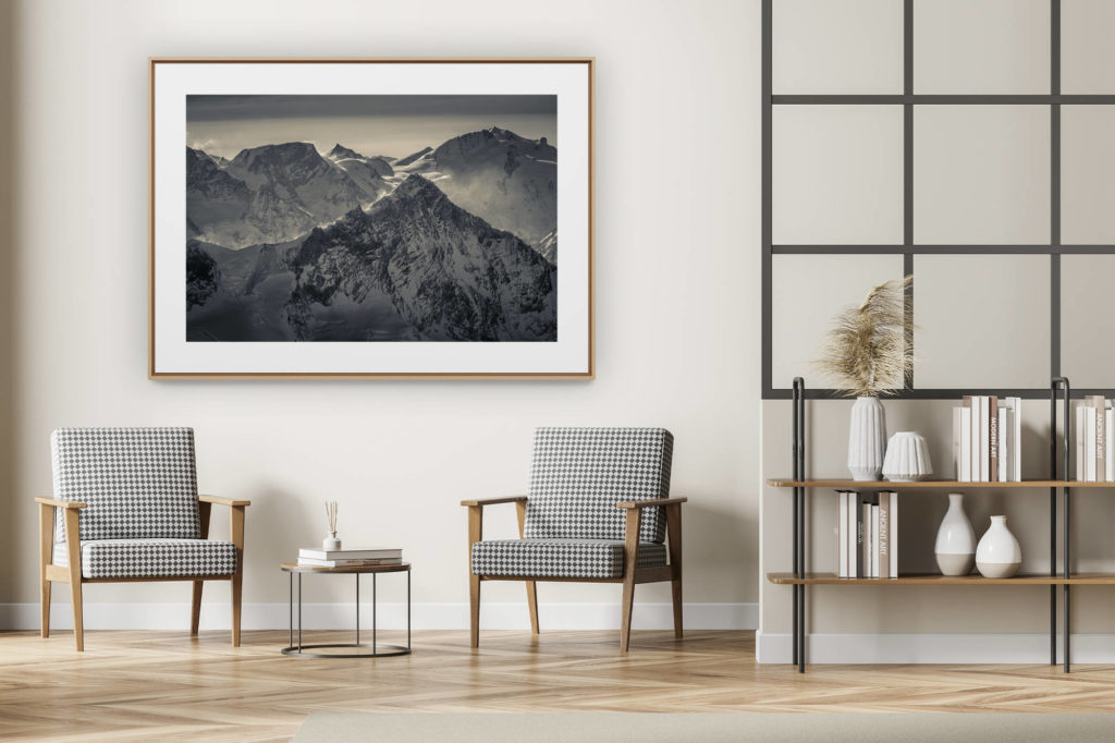 décoration intérieur moderne avec photo de montagne noir et blanc grand format - Photo montagne du Val d'Anniviers - Weisshorn - Alphubel - Strahlhorn