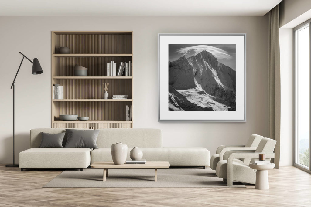 swiss chalet decoration - swiss chalet interior - large size mountain picture - Weisshorn black and white - Crans Montana and Val d&#039;anniviers picture under a lenticular cloud