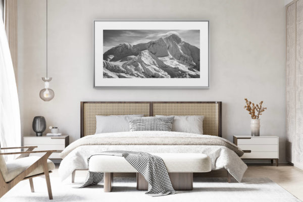 decorating a room in a renovated swiss chalet - panoramic mountain picture large size - Black and white panorama of the summits rocky mountains of the Weisshorn from Grimentz in the Valais Alps from Crans Montana