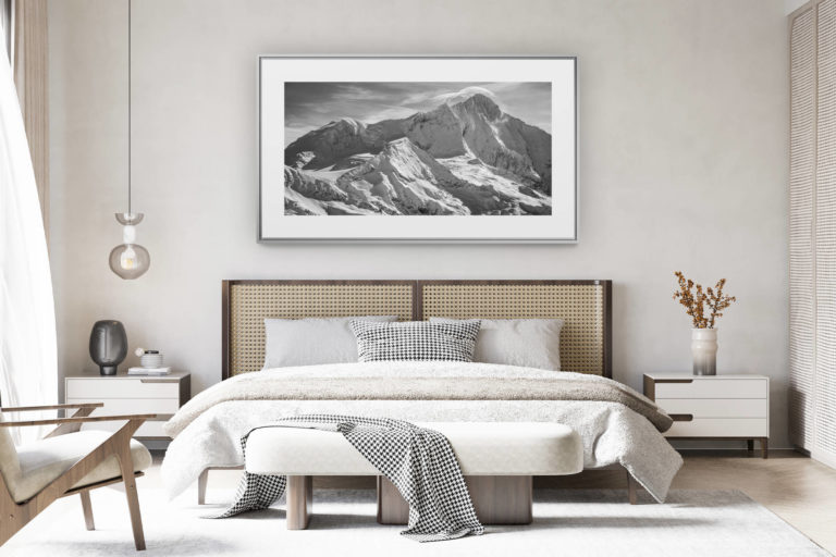 déco chambre chalet suisse rénové - photo panoramique montagne grand format - Panorama noir et blanc des sommets de montagnes rocheuses du Weisshorn depuis Grimentz dans les Alpes Valaisannes de Crans Montana