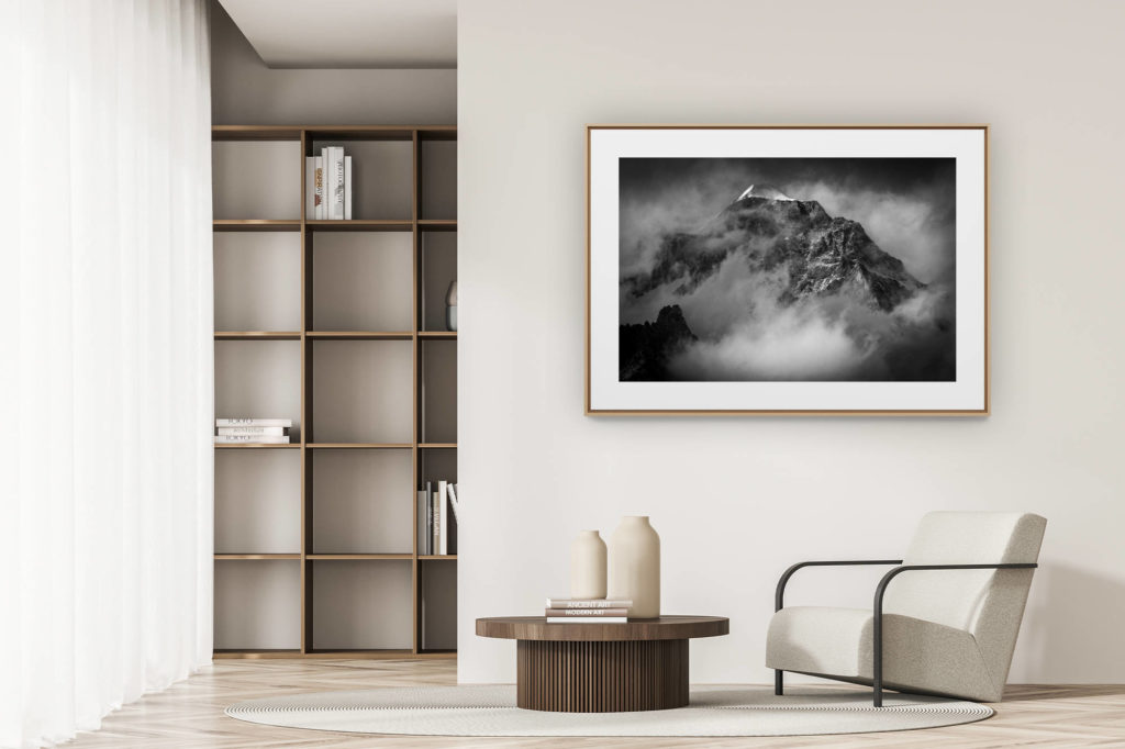 déco tendance salon moderne - photo montagne noir et blanc grand format - Zermatt vallée - Col des alpes suisses- Wellenkupe