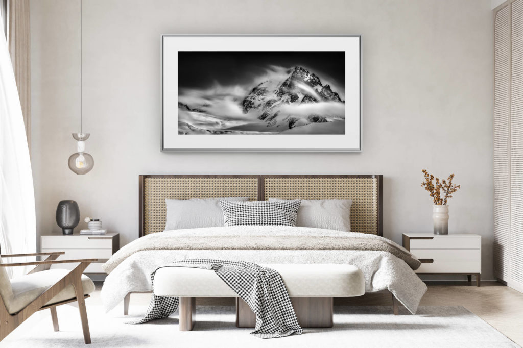 déco chambre chalet suisse rénové - photo panoramique montagne grand format - Posters et tirages d'art Massif du Mont Blanc