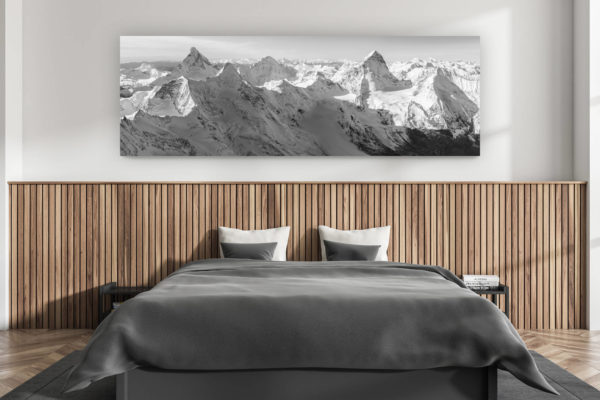 décoration murale chambre adulte moderne - intérieur chalet suisse - photo montagnes grand format alpes suisses - Chamonix Zermatt panorama - Photo panoramique du Cervin au Mont Blanc - Vue panoramique sur les aples valaisanne avec le massif du Mont Blanc- Photo des sommets du Valais