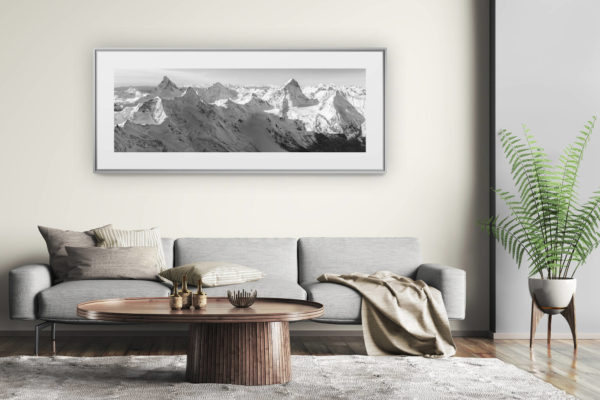 tableau montagne grand format - décoration murale salon moderne - Chamonix Zermatt panorama - Photo panoramique du Cervin au Mont Blanc - Vue panoramique sur les aples valaisanne avec le massif du Mont Blanc- Photo des sommets du Valais