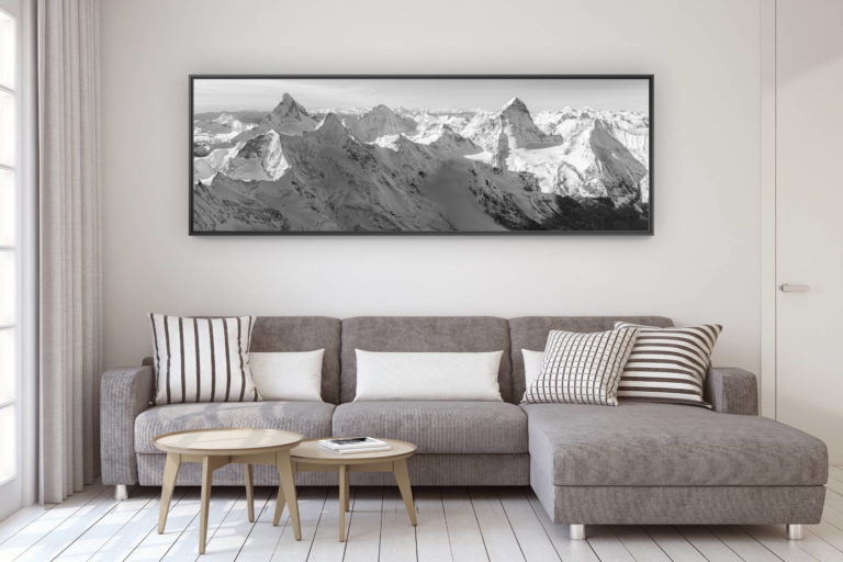 décoration murale design salon moderne - photo montagne grand format - Chamonix Zermatt panorama - Photo panoramique du Cervin au Mont Blanc - Vue panoramique sur les aples valaisanne avec le massif du Mont Blanc- Photo des sommets du Valais