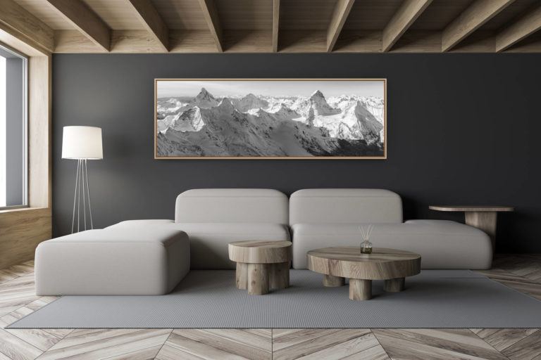 décoration salon chalet moderne - intérieur petit chalet suisse - photo montagne noir et blanc grand format - Chamonix Zermatt panorama - Photo panoramique du Cervin au Mont Blanc - Vue panoramique sur les aples valaisanne avec le massif du Mont Blanc- Photo des sommets du Valais
