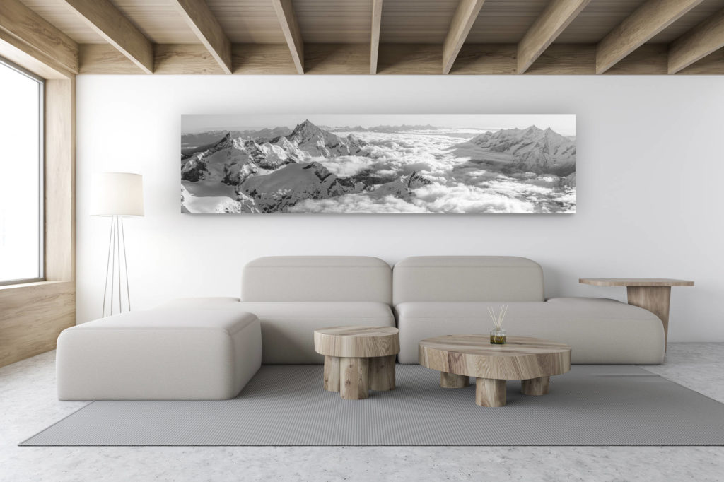 interior design swiss mountain chalet - black and white mountain photo - Framed photo of the panorama of Zermatt in the Swiss Alps - Mischabel, Saas-Fee