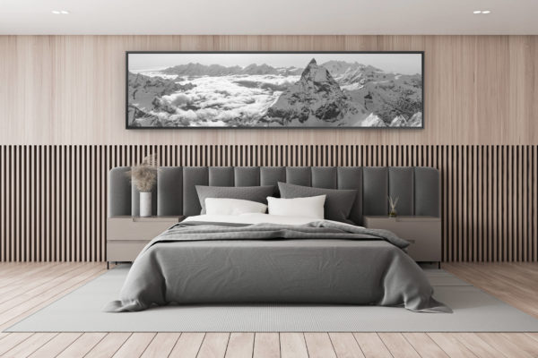 photo montagne noir et blanc - décoration chambre adulte - décoration chalet de montagne - Vue panoramique noir et blanc des montagnes de Zermatt dans les Alpes Suisses