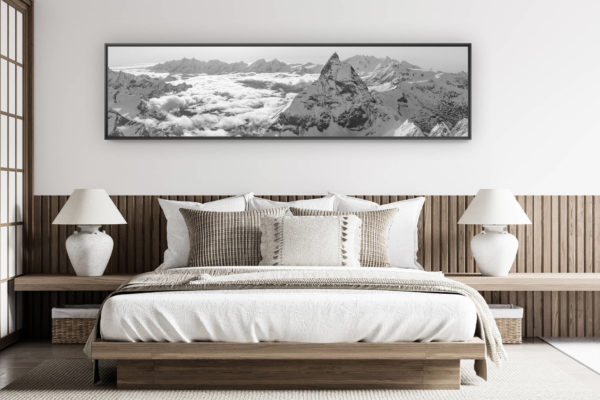 décoration chambre adulte moderne - photo de montagne grand format - Vue panoramique noir et blanc des montagnes de Zermatt dans les Alpes Suisses
