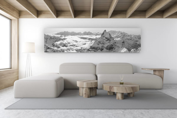 décoration intérieur chalet de montagne suisse - photo de montagne noir et blanc - Vue panoramique noir et blanc des montagnes de Zermatt dans les Alpes Suisses