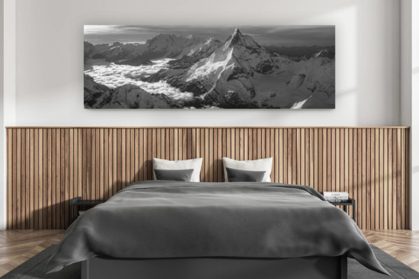 décoration murale chambre adulte moderne - intérieur chalet suisse - photo montagnes grand format alpes suisses - Zermatt panorama montagne Suisse - Encadrement photo des Alpes en noir et blanc