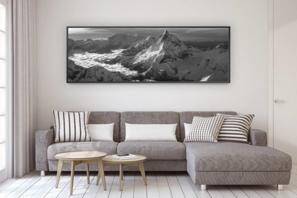 décoration murale design salon moderne - photo montagne grand format - Zermatt panorama montagne Suisse - Encadrement photo des Alpes en noir et blanc