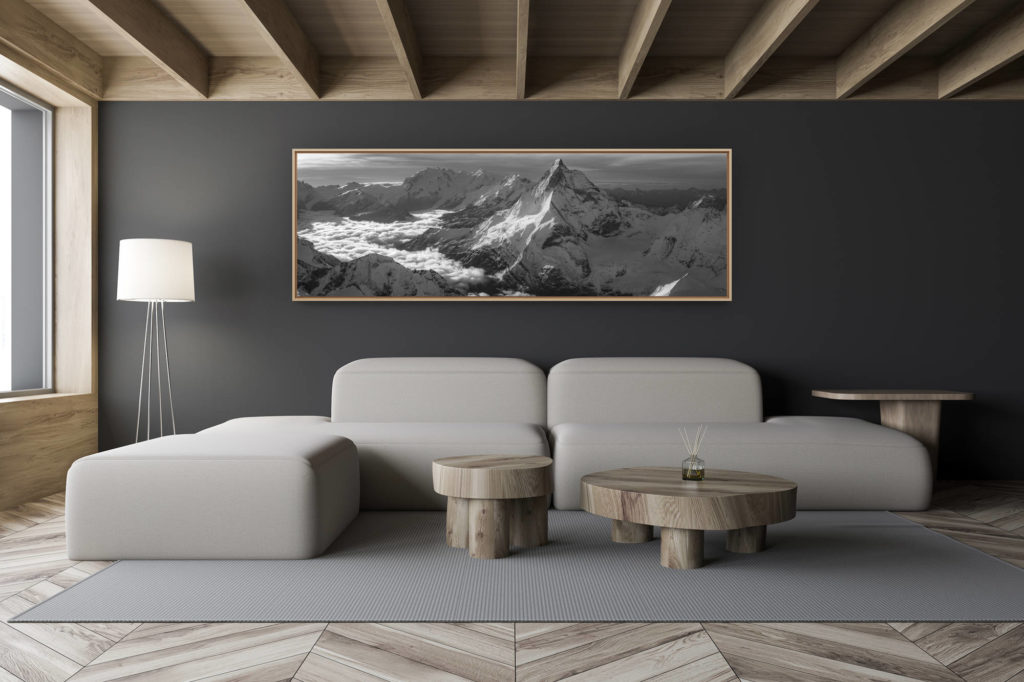 décoration salon chalet moderne - intérieur petit chalet suisse - photo montagne noir et blanc grand format - Zermatt panorama montagne Suisse - Encadrement photo des Alpes en noir et blanc