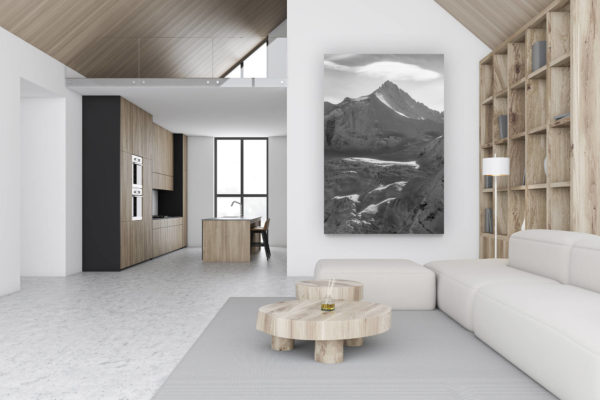 Schweizer Luxus-Chalet Dekoration - Bergfoto im Hochformat - Design Wanddekoration - Zinalrothorn - Bergfoto schwarz-weiß Val d&#039;Anniviers