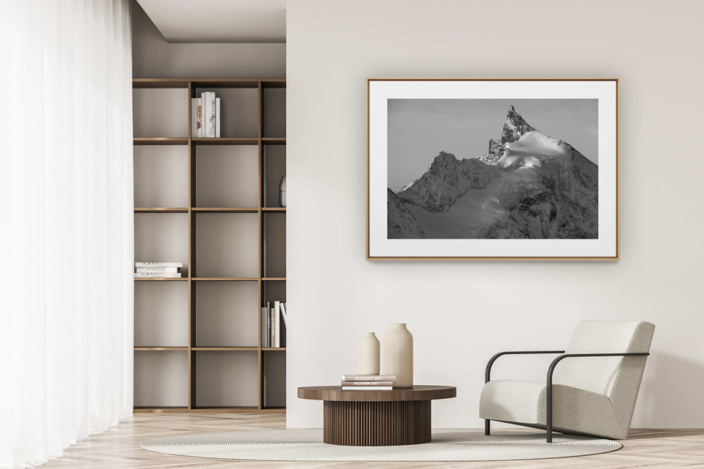 déco tendance salon moderne - photo montagne noir et blanc grand format - photo montagne neige Val d'Anniviers - Zinalrothorn