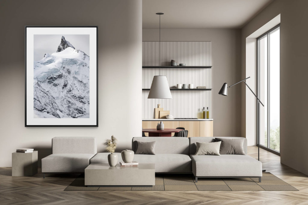 déco tendance salon moderne - photo montagne noir et blanc grand format - Zinalrothorn - photo montagne sous la neige et d'un glacier de montagne à Crans Montana dans le Val d'Anniviers