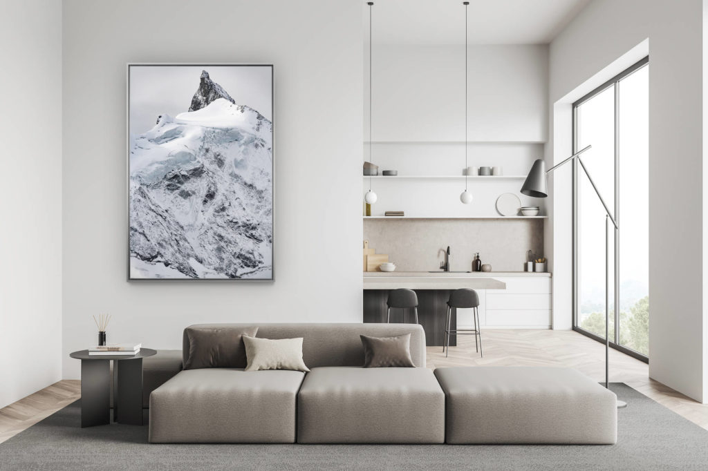 modern swiss living room decoration - mountain decoration large size picture - Zinalrothorn - mountain picture under the snow and of a mountain glacier in Crans Montana in the Val d&#039;Anniviers