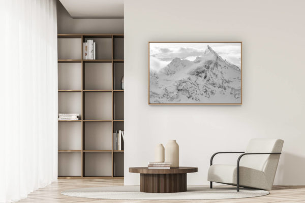modern apartment decoration - art deco design - Zinalrothorn - swiss mountains - black and white swiss mountains landscape picture