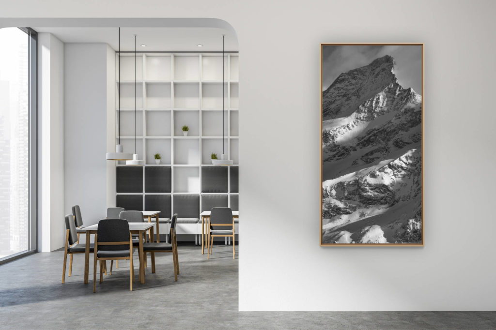 modern interior design contemporary - mountain picture large vertical format - Zinalrothorn normal route - summit mountain picture in black and white - Swiss Alps