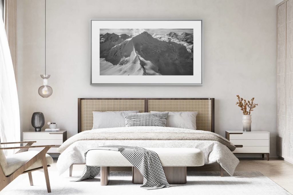 decorating a room in a renovated swiss chalet - large panoramic mountain picture - Zinalrothorn - Black and white aerial view at summit of the mountain in Crans Montana