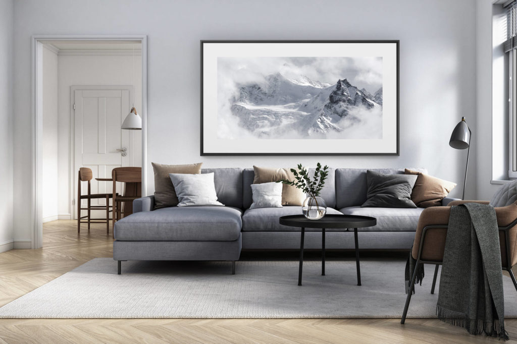 Innendekoration renoviertes Wohnzimmer Schweiz - Alpenpanorama Grossformat - Val d&#039;Anniviers - Bild Schweizer Berg Wallis