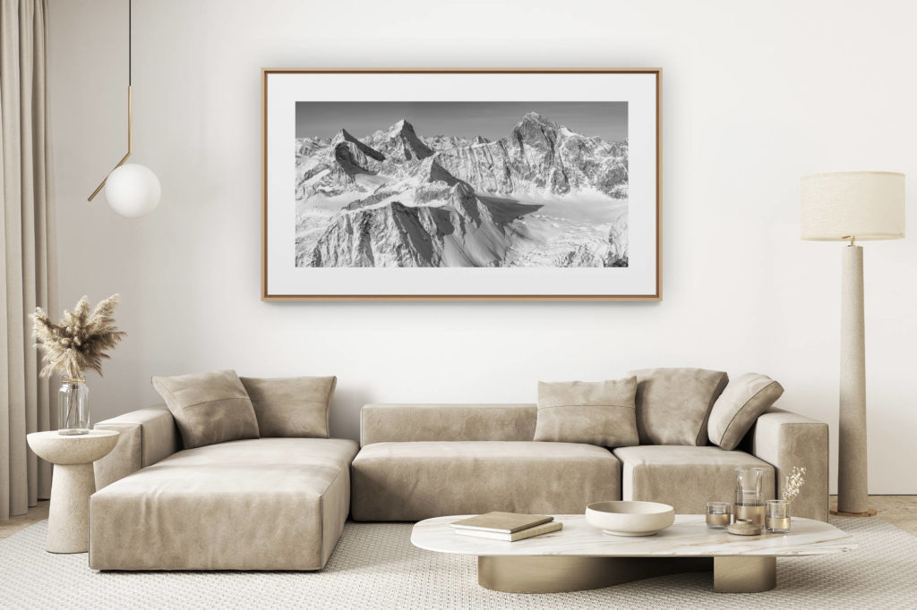 living room decor Light renovated - large format mountain photo - panoramic black and white mountain view - view of the Zinalrothorn, Obergabelhorn and Dent Blanche.