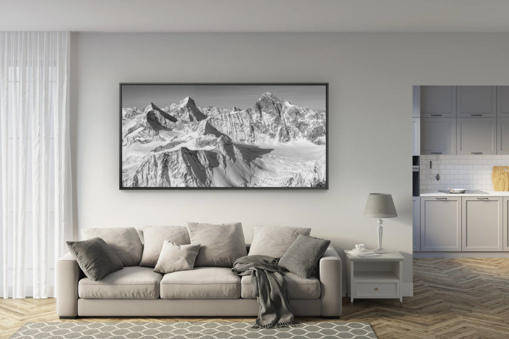 deco salon rénové - tendance photo montagne grand format - Vue panoramique de montagne en noir et blanc - Vue sur le Zinalrothorn, Obergabelhorn et Dent Blanche.