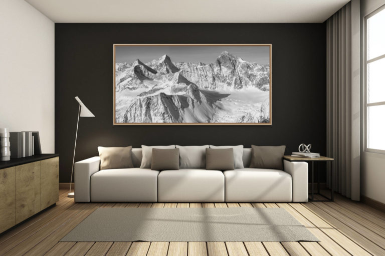 déco salon chalet rénové de montagne - photo montagne grand format -  - Vue panoramique de montagne en noir et blanc - Vue sur le Zinalrothorn, Obergabelhorn et Dent Blanche.