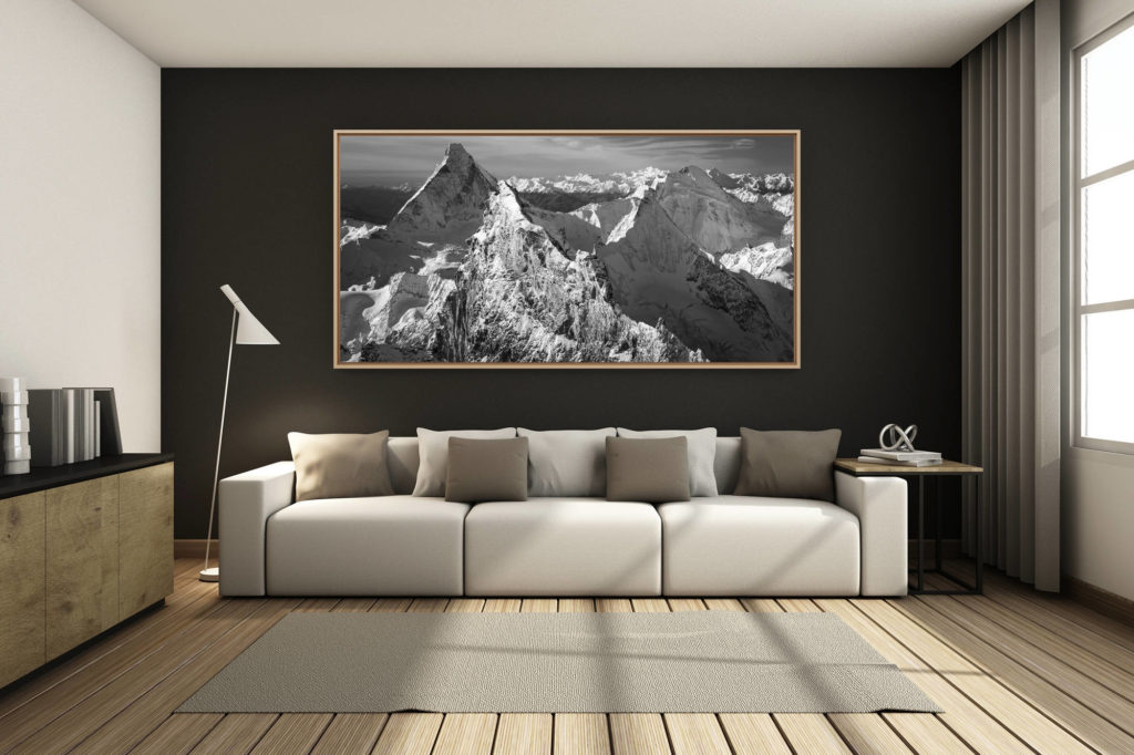 déco salon chalet rénové de montagne - photo montagne grand format -  - Encadrement photo panoramique du sommet des Alpes Valaisannes Suisses - Zermatt - Obergabelhorn