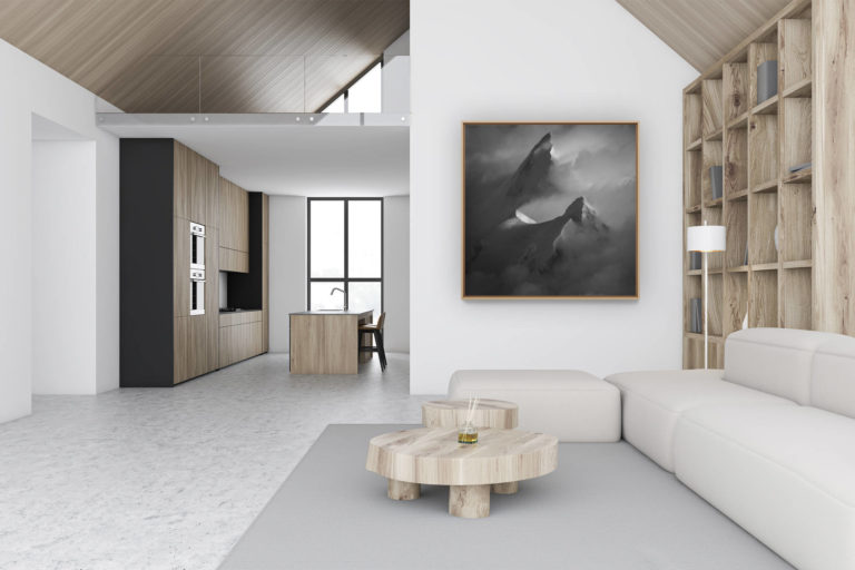 décoration murale chalet luxe rénové - photo montagne noir et blanc -