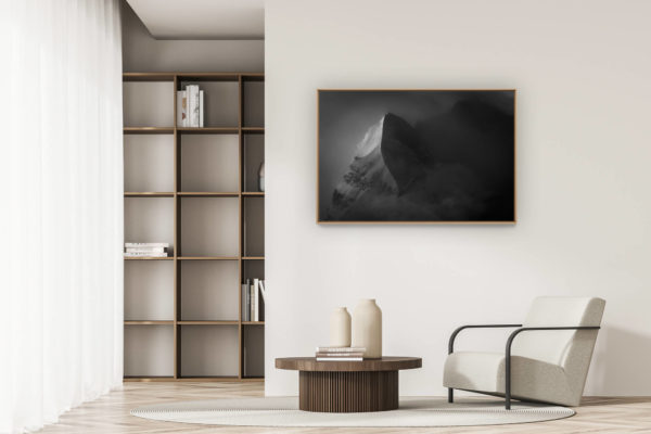décoration appartement moderne - art déco design - Sommet enneigé dans une mer de nuage - neige et soleil massif montagneux en noir et blanc - Aiguille du Croissant -  Grand Combin de Verbier